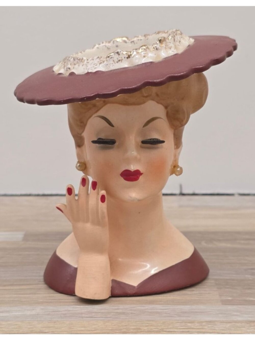 Vintage MCM Ceramic Napcoware Lady Head Figural Vase Planter Maroon 1958 C3343B